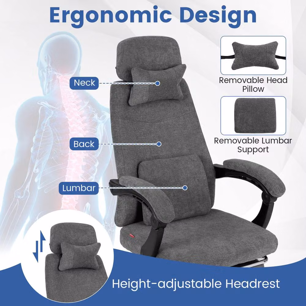 Costway Grey Chenille Fabric Upholstered Reclining Executive Office Chair with Headrest and Armrests – 5