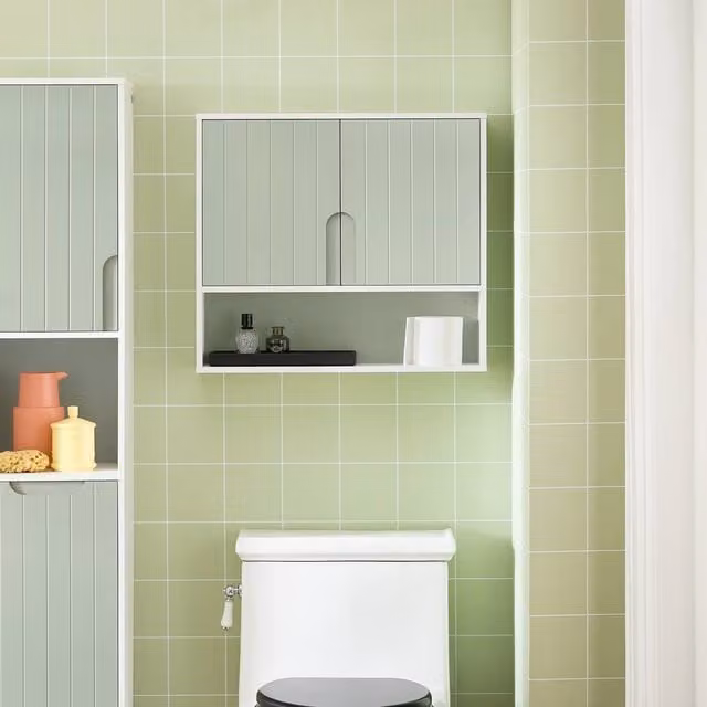 SoBuy Modern Wall-Mounted Bathroom Cabinet with Soft-Close Hinged Doors and Open Shelf in Green and White
