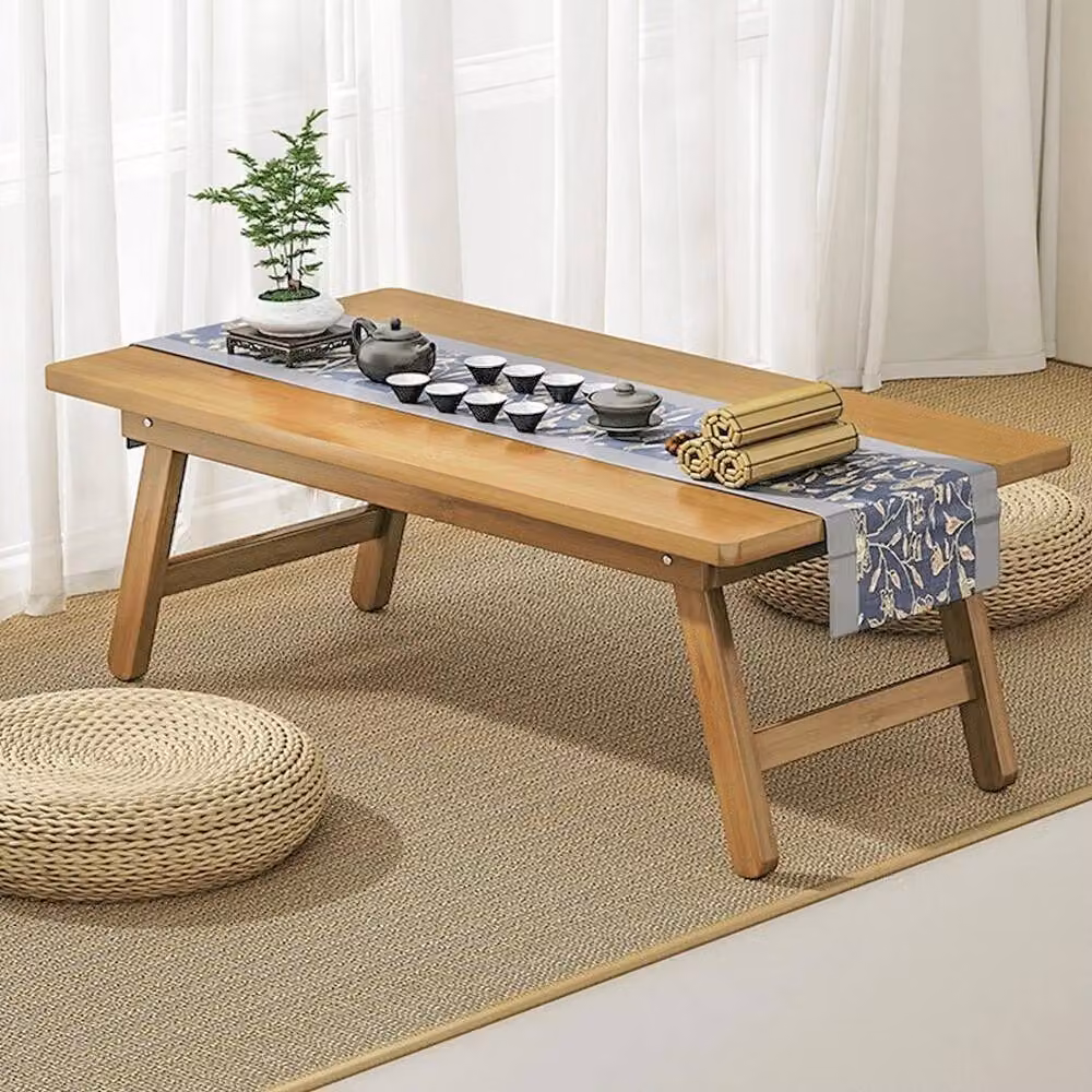 KORVIXA Foldable Bamboo Tatami Floor Table in Natural Brown, W/D: 100 x 100 cm – 2