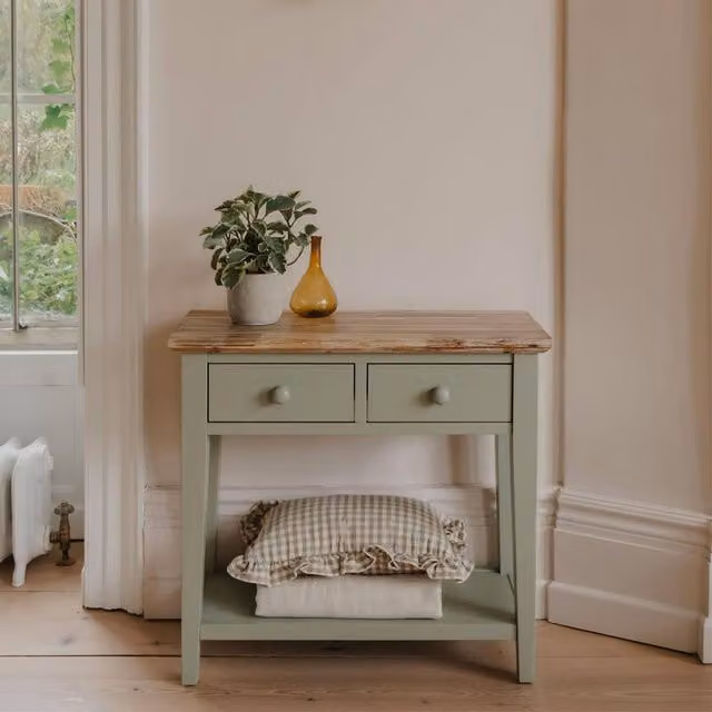 Statement Furniture Florence Console Table with 2 Drawers in Light Green, W: 76.0 cm, D: 32.5 cm, H: 82.5 cm