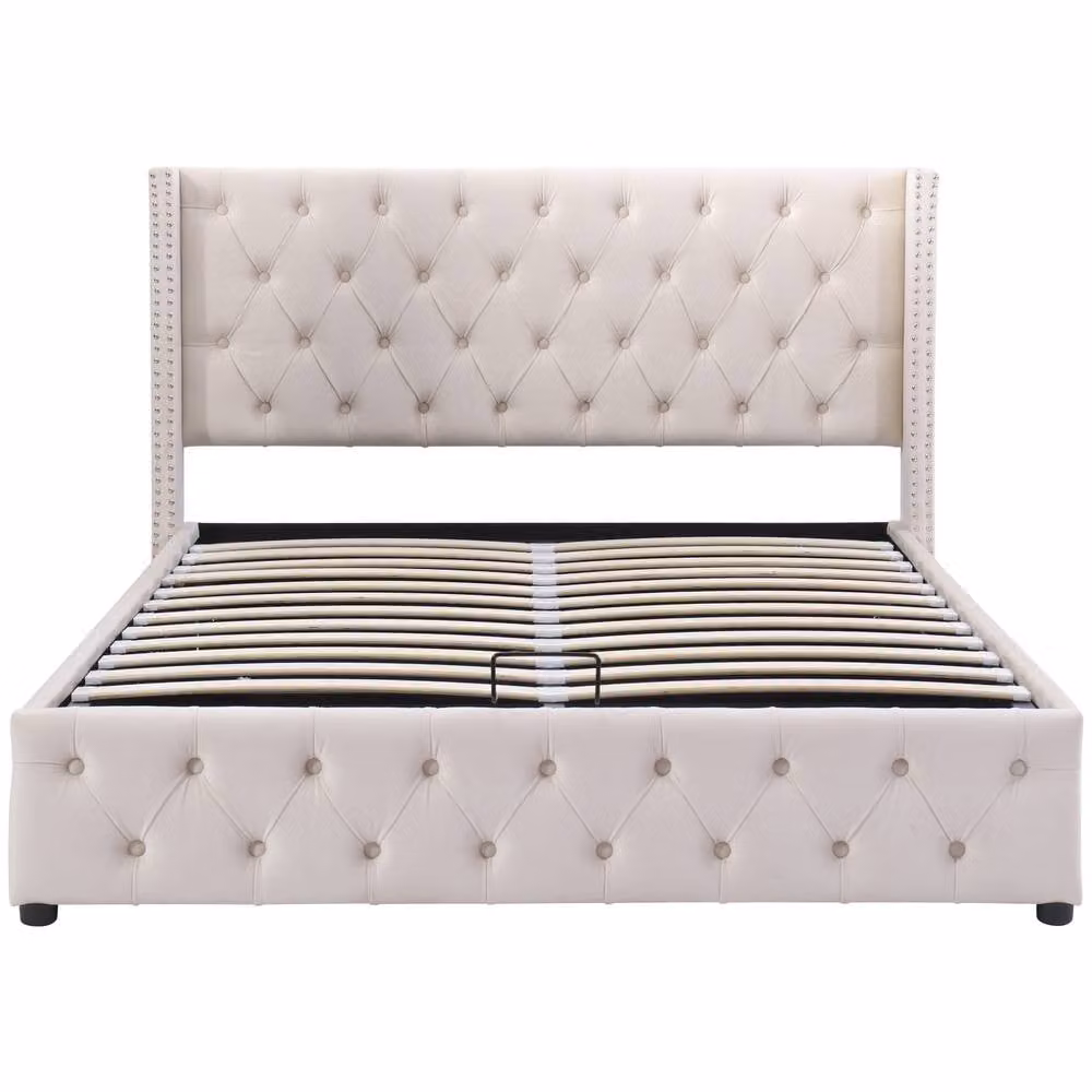BTM Beige Velvet Upholstered Bed with Hydraulic Storage W/D/H: 140 x 200 x 135 cm – 7