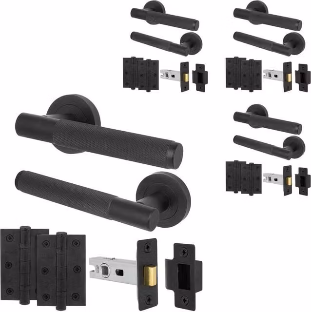 AFIT Matt Black Knurled Door Handles and Rose Latch Kit with Hinges, 4 Pairs – 1