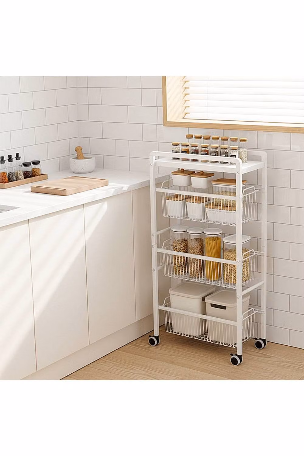 Living and Home 4-Tier Metal Storage Trolley with Pull-Out Baskets in Matt White – 2