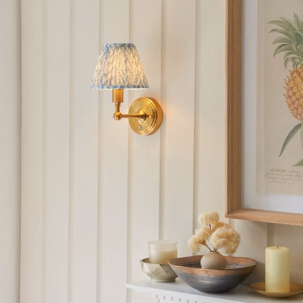 Netlighting Burley Rechargeable LED Wall Light with Blue Fabric Leaf Shade and Brass Finish – 2