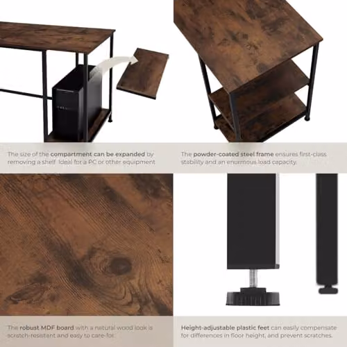 tectake Modern Computer Desk with Side Storage Shelves in Brown and Black, W/D/H: 140 x 60 x 76.5 cm – 5