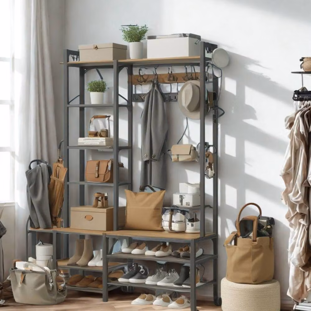 Pirlo Plush Brown Hall Tree Coat Rack Stand with Shoe Storage and Shelves – 2