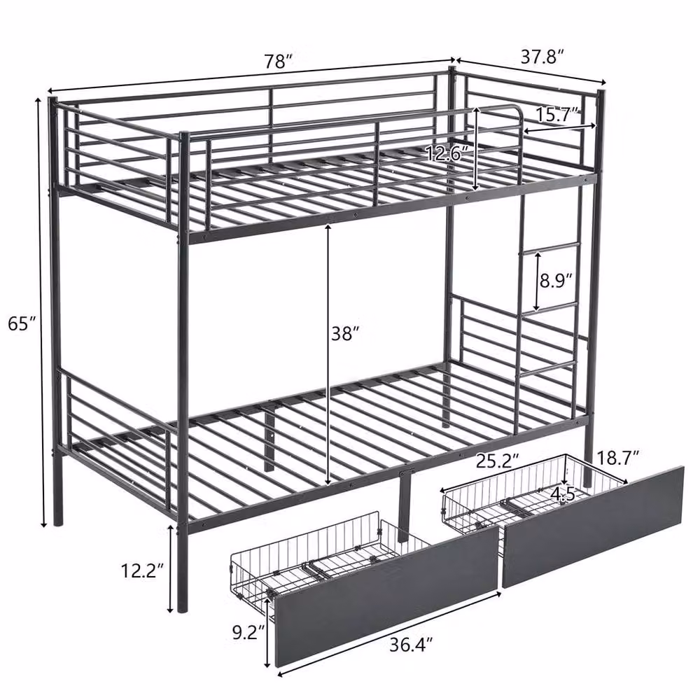 KORVIXA Twin Bunk Bed Frame with Two Storage Drawers, Black Metal Loft Sleeper, 90 x 190 cm – 2