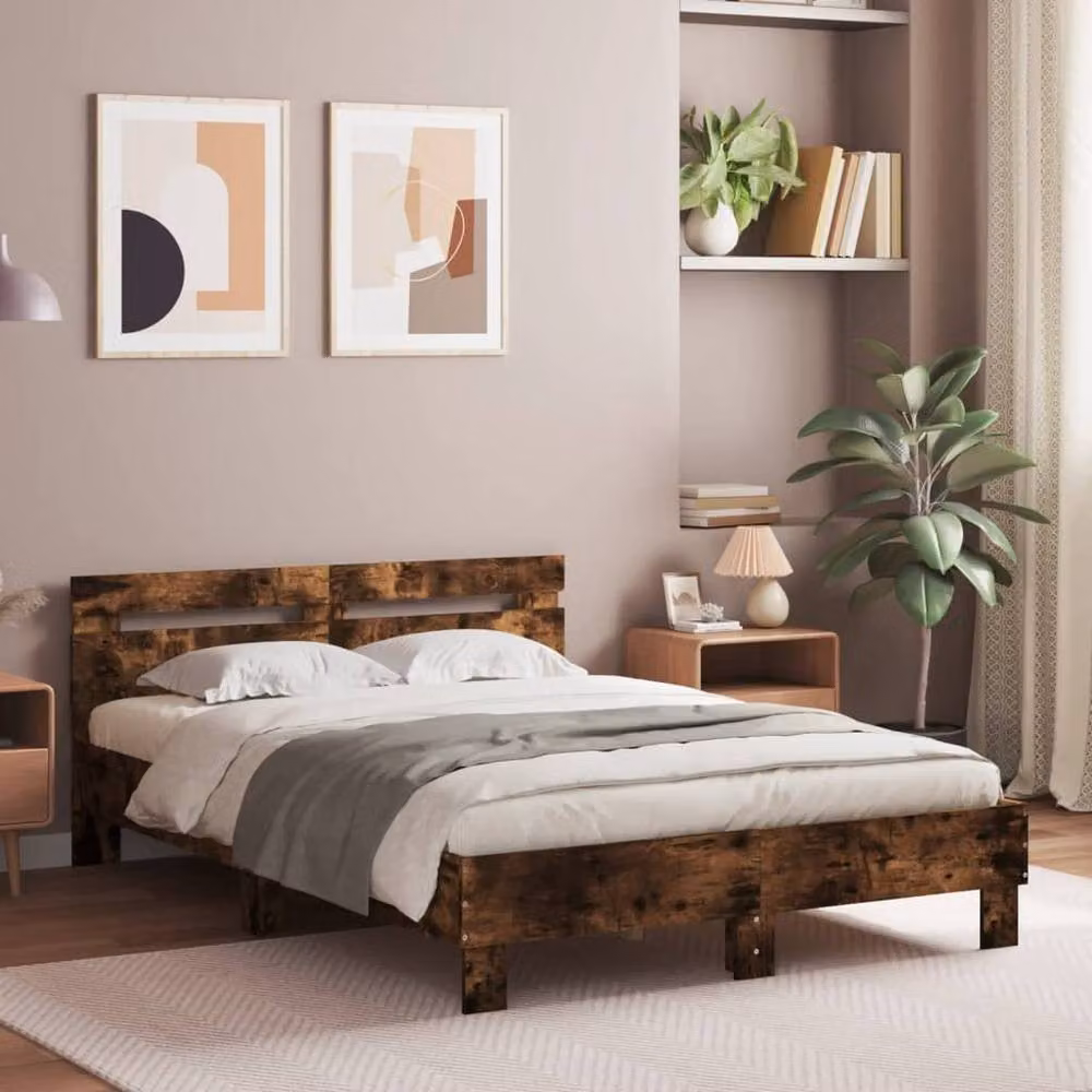 Berkfield Home Modern Double Bed Frame with LED Under-Bed Lighting and USB Charging Port in Smoked Oak Brown, W: 135 cm, L: 190 cm – 2