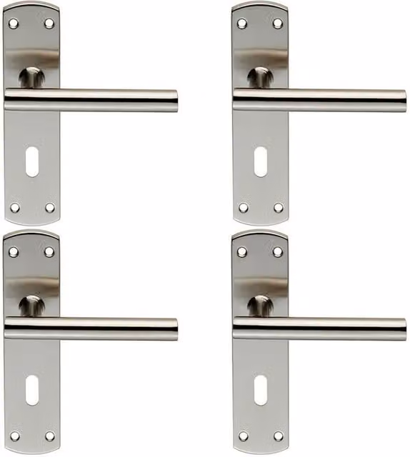 Loops 4x Mitred T Bar Lever Door Handle with Lock Backplate, Satin Steel, Silver, W: 17.2 cm, H: 4.4 cm