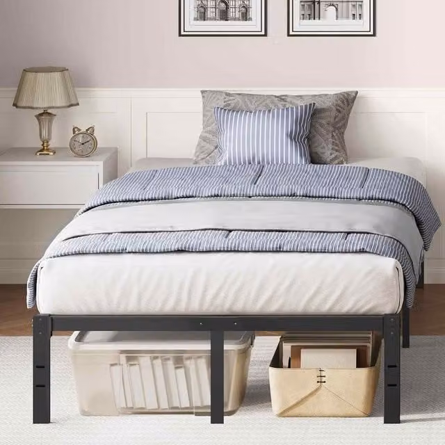 The Bazaarist Modern Double Metal Bed Frame with Underbed Storage in Black, 140 x 200 cm