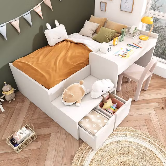 BTM Kids Elevated Single Bed with Desk and Storage Drawers, White, W/D/H: 90 x 190 x 137 cm