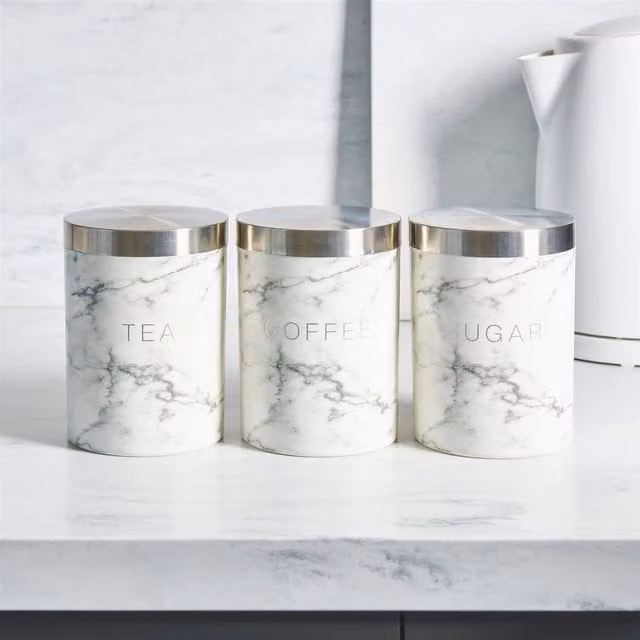 OHS White Marble Tea, Coffee and Sugar Jar Set with Airtight Stainless Steel Lids