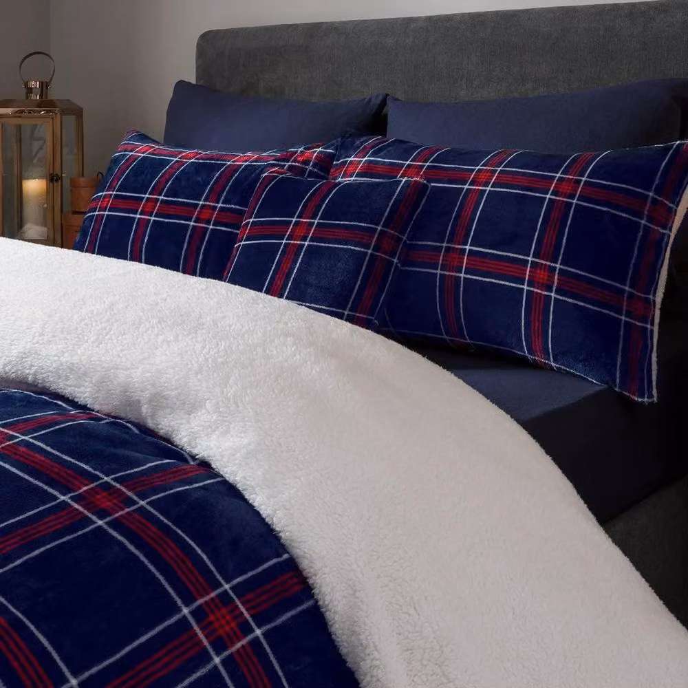 Smart Living Luxury Check Printed Flannel Fleece Duvet Cover and Pillowcase Set in Navy Blue, Single (90 x 200 cm) – 2