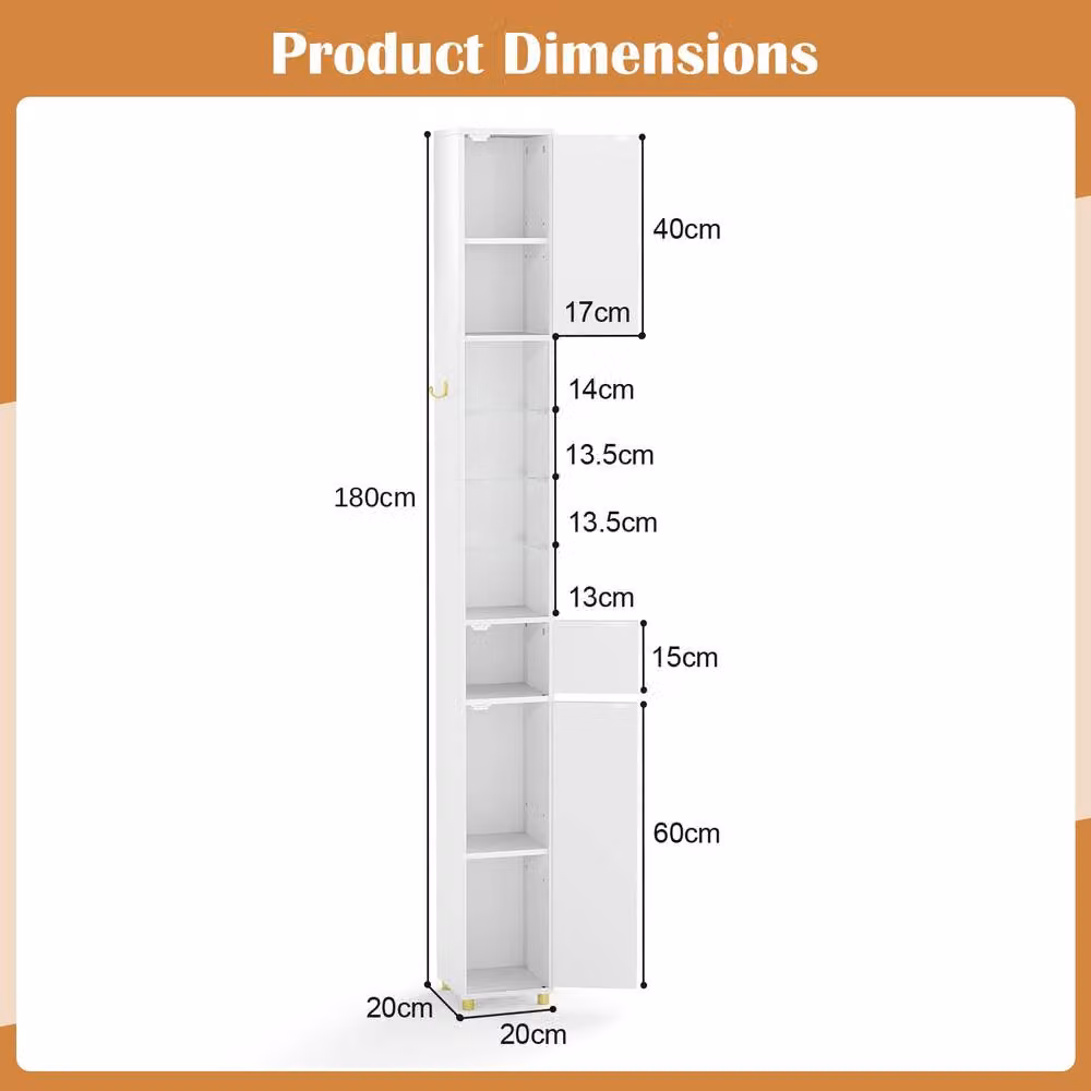 Costway Modern White Narrow Bathroom Storage Cabinet with 3 Hinged Doors and Integrated Lighting, Height: 180 cm – 1