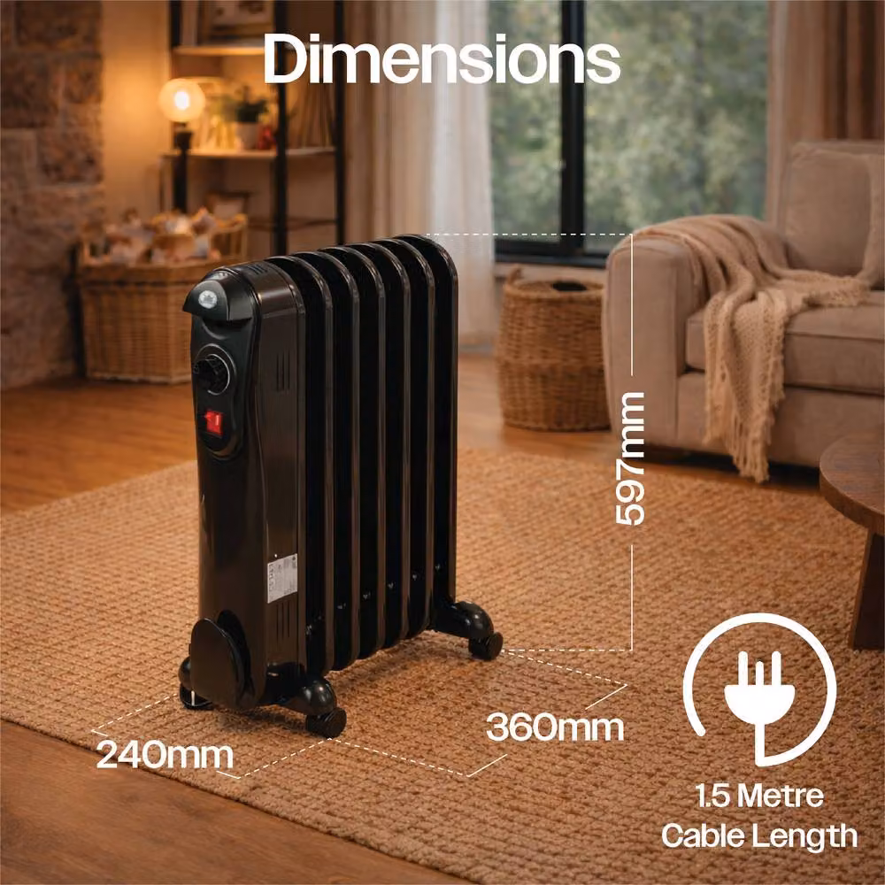 Prem-i-Air 1500W 7-Fin Portable Oil Filled Radiator Heater in Black with Adjustable Thermostat and Safety Features – 2