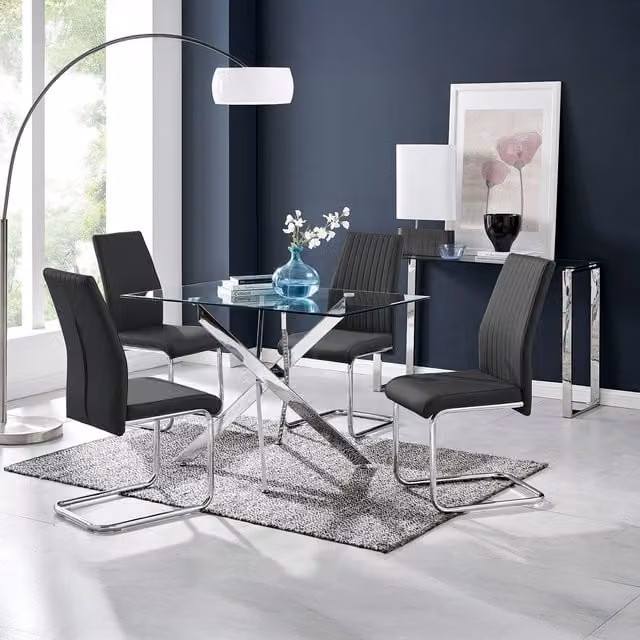 FurnitureboxUK Leonardo Glass and Chrome Metal Dining Table and 4 Lorenzo Dining Chairs in Black and Transparent