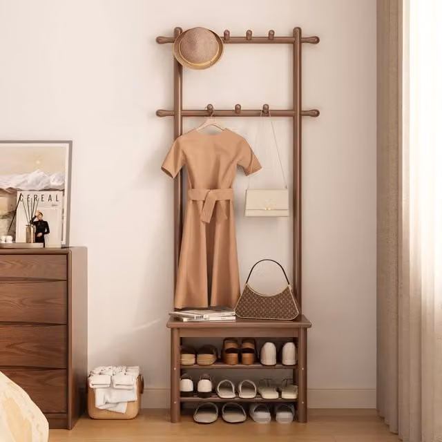YQJJGL Stylish Solid Wood Hall Tree with Storage Shelves and Shoe Bench in Walnut, W: 60 cm, H: 170 cm, D: 30 cm