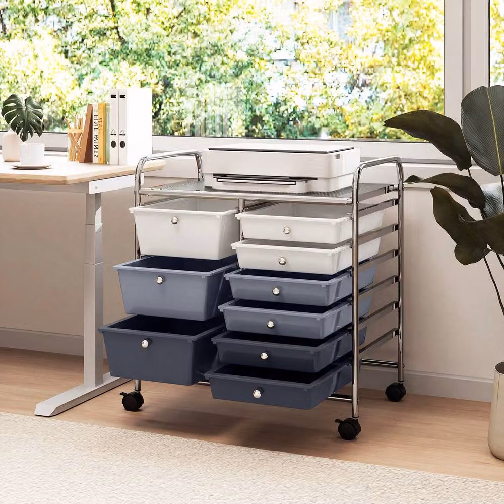 Gymax 9-Drawer Rolling Metal Storage Cart with Castors in Silver and Multicolour for Home, Office or School – 5