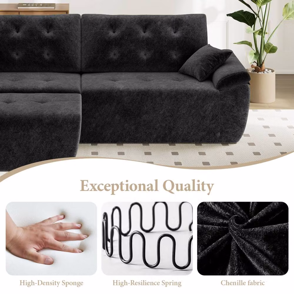 Dprodo 4 Seater L Shaped Chenille Sofa in Black, Reversible Modular Sectional with Matching Ottoman and Scatter Cushions, Width: 275 cm – 4