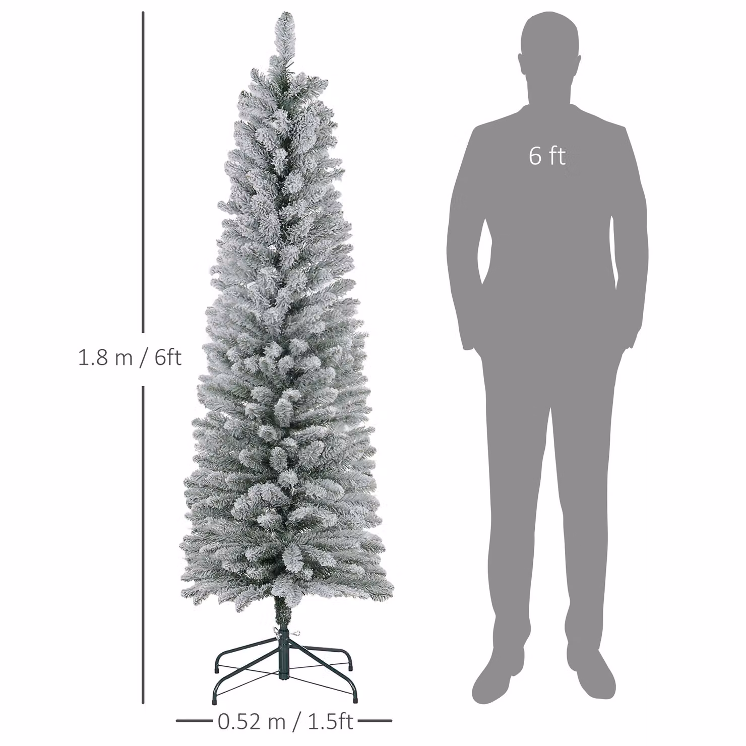 HOMCOM 6ft Snow Flocked Artificial Pencil Christmas Tree with Metal Base and 329 Tips in White – 3