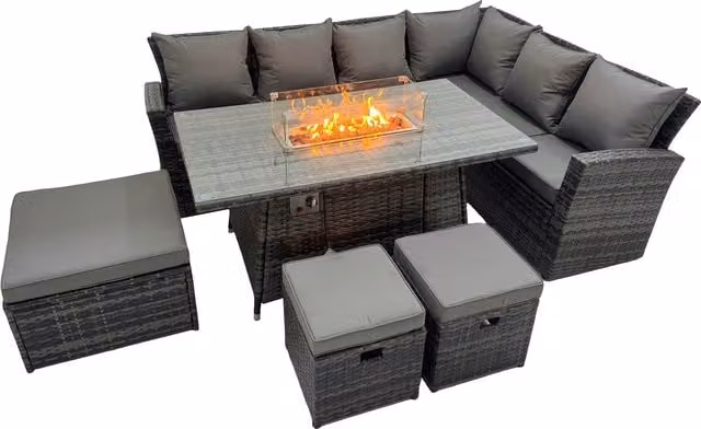 Fimous 9-Seater Rattan High-Back Gas Fire Pit Corner Sofa Set in Dark Grey Mixed
