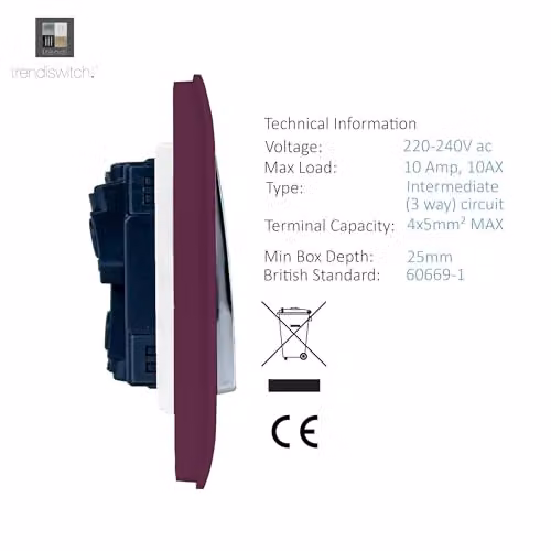 Trendi 1 Gang 3 Way Intermediate 10 Amp Rocker Light Switch in Plum Purple – 3