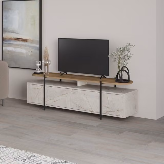 Decortie Hanley Modern TV Unit and Media Stand, Gold and Multicolour Abstract Design, 2 Pack