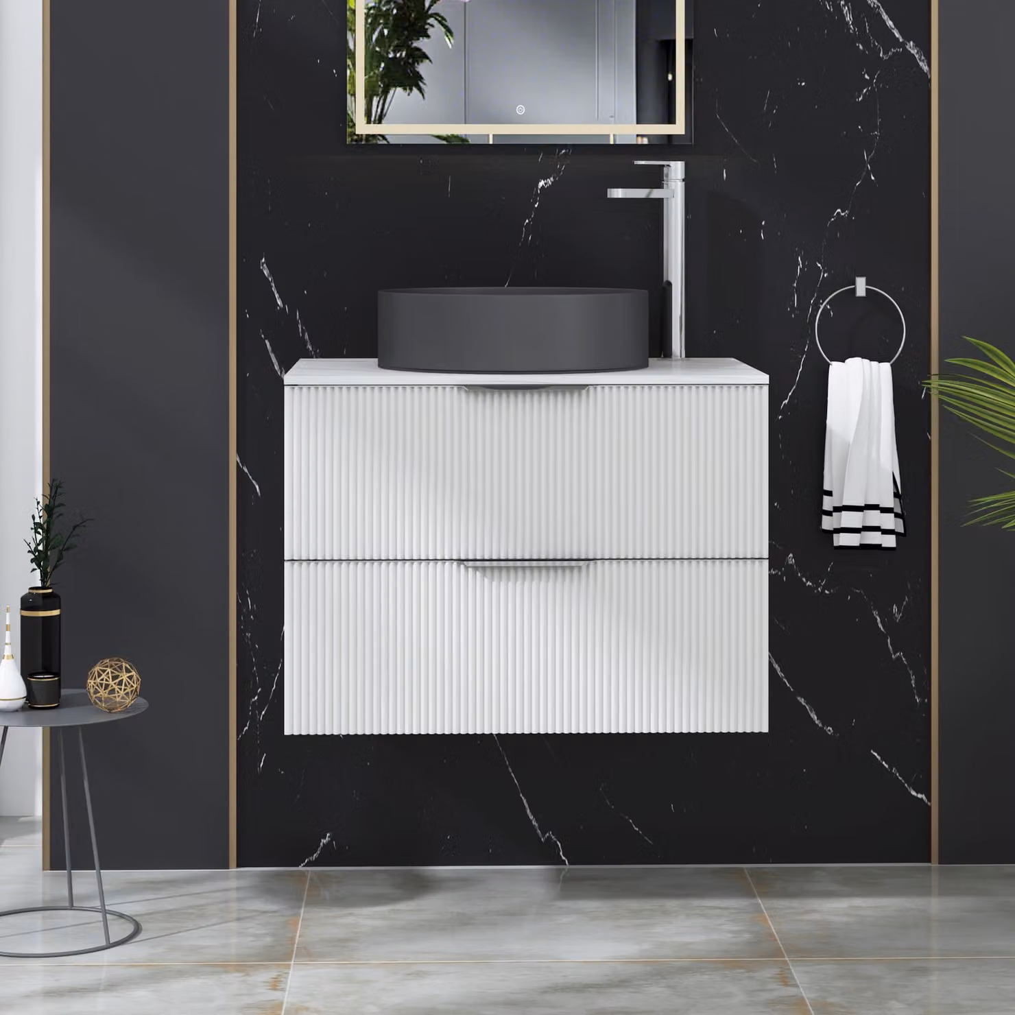 Royal Bathrooms Evora 700mm Matt White Fluted Wall Hung Vanity Unit with 2 Drawers and Art Round Basin