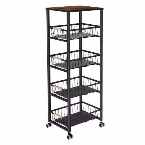 Levede Black Metal Stackable Wire Storage Baskets and Multi-Layer Kitchen Organiser Cart with Wheels and Pull-Out Drawer, H 108 x W 48 x D 28 cm – 1