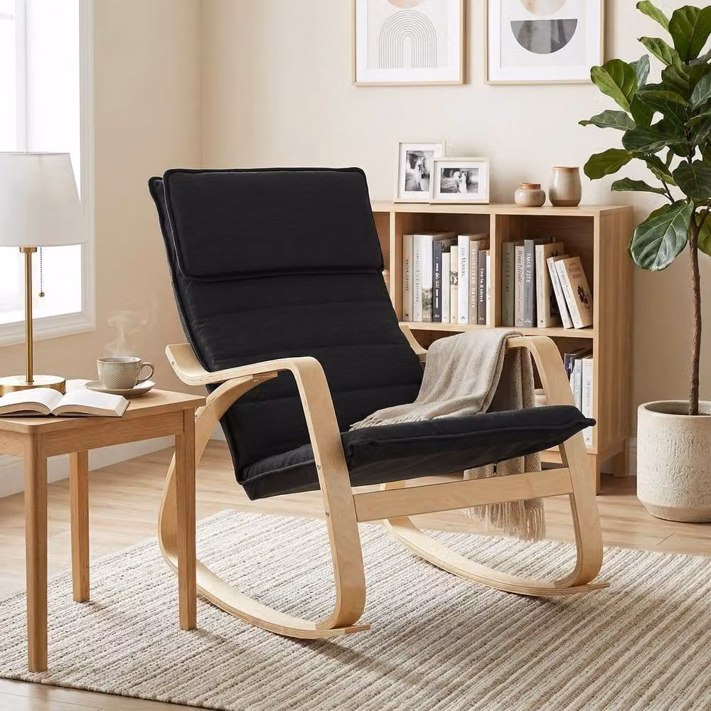 STILVORA Modern Black Fabric Rocking Chair with Headrest and Armrests and Solid Birch Wood Frame – 3