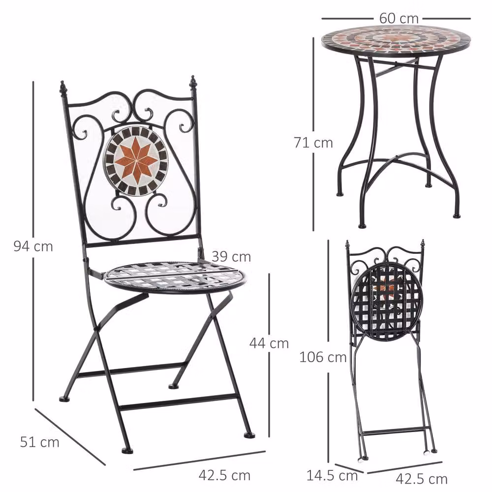 OUTSUNNY 3 Piece Mediterranean Garden Set with Ceramic Tile Round Table and 2 Foldable Chairs in Black – 2