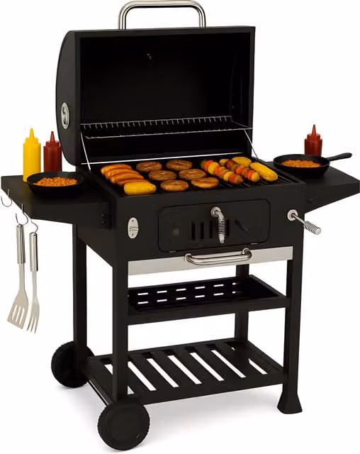 Campfire Charcoal BBQ Smoker Grill with Thermometer and Cart, Black Steel