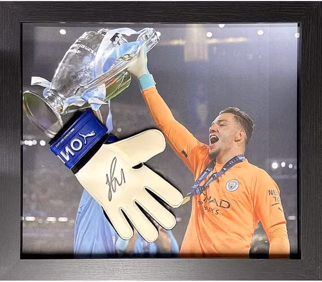 Ederson Manchester City Signed and Framed Puma Goalkeeper Glove in Black and White