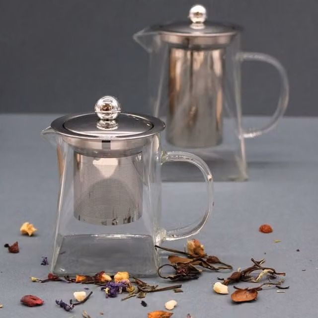 KDMK White and Transparent Glass Tower Shape Infuser Teapot with Stainless Steel Elements