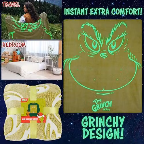 Get Trend The Grinch Glow in the Dark Fleece Throw Blanket, Green, W/D/H: 130 x 150 cm – 3