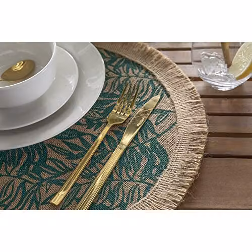 Creative Tops Set of 4 Round Jute Hessian Placemats in Green Floral Pattern, Diameter: 42 cm – 2