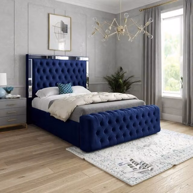 KDMD Redesdale Mirror Upholstered Designer Bed Frame in Blue Soft Velvet, Size: Double (W: 140 cm, L: 200 cm)