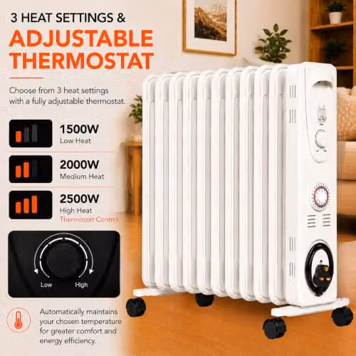MYLEK 2500W Oil Filled Electric Radiator in White with Thermostat and Timer, W/H: 46 x 63 cm – 2