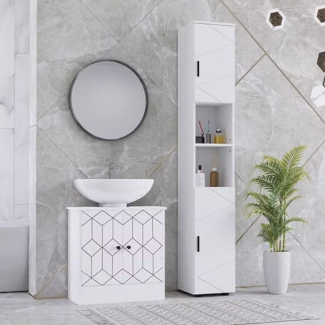 Kleankin Modern White Corner Bathroom Storage Cabinet with Soft Close Hinged Doors and Internal Shelves