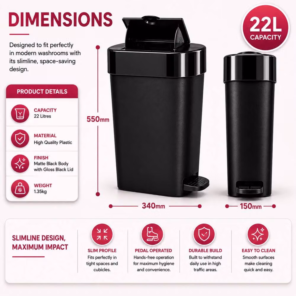 ProKleen 22L Black Sanitary Waste Bin with Foot Pedal, Pack of 3 – 2