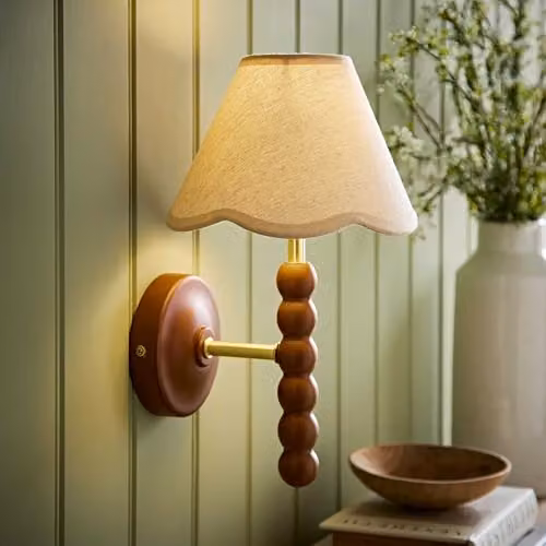 ValueLights Bobbins Walnut Bobble Wall Light with Natural Linen Lamp Shade and Bulb – 2
