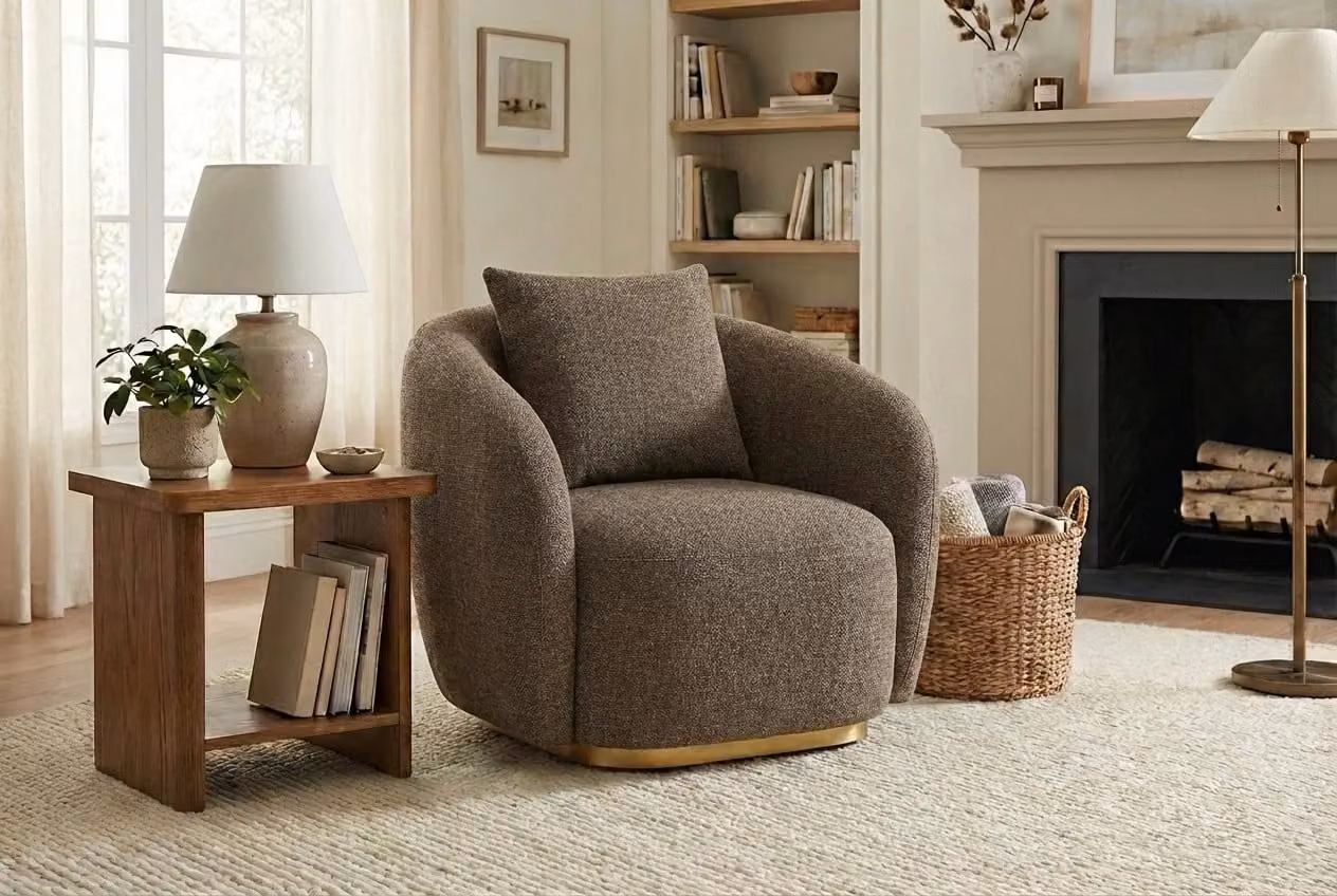 Araco Atelier Cleo Armchair in Porcini Brown and Beige Fabric