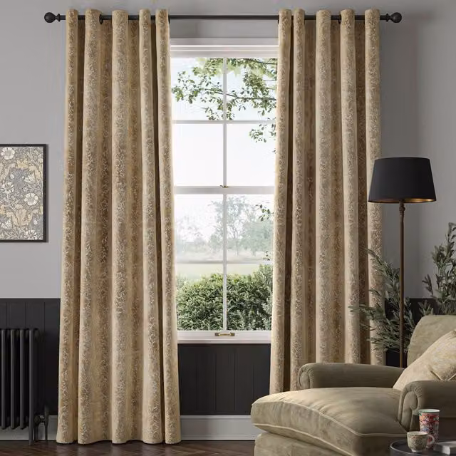 William Morris Compton Silhouette Made To Measure Floral Velvet Eyelet Curtains in Barley Yellow and Beige