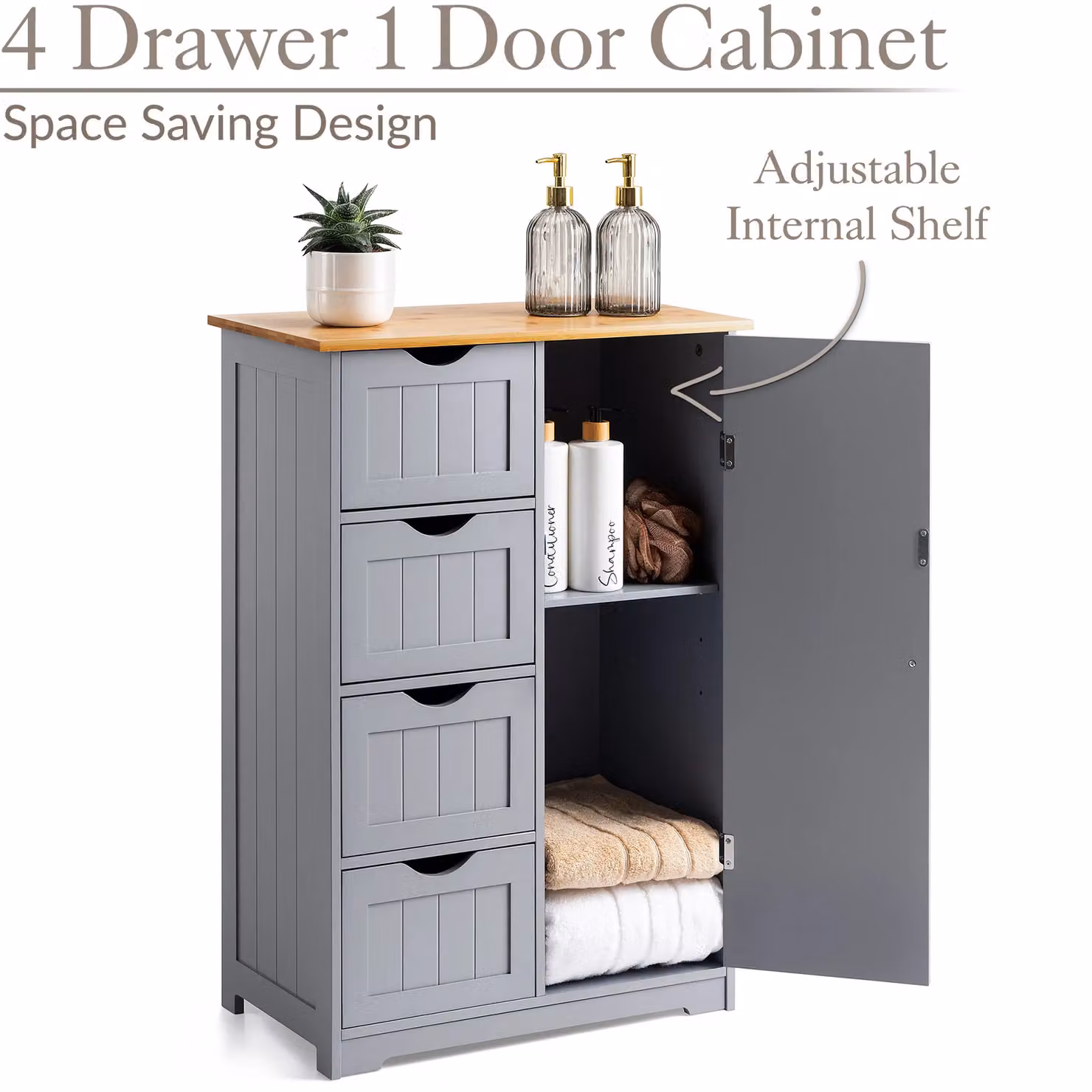 Christow Grey Bamboo Freestanding Bathroom Drawer Cabinet with 4 Drawers, H 82 x W 56 x D 30 cm – 2