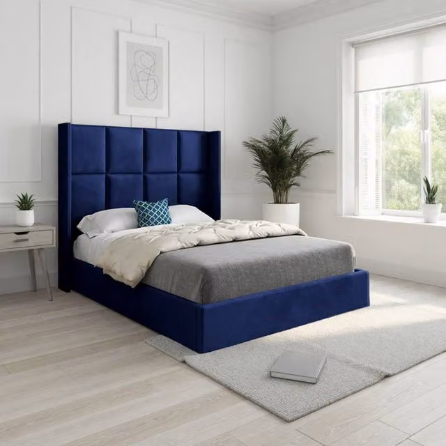 Casani Robertsbridge Straight Winged Designer Bed Frame, Blue Soft Velvet, W/D/H: 180 x 137 x 159 cm – 1