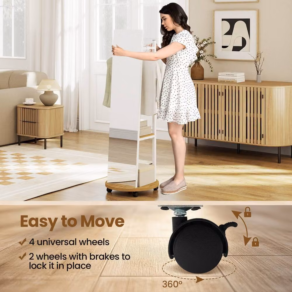 Costway Coat Rack with Full Length Mirror, 3 Hooks and Storage Shelves in Natural – 3