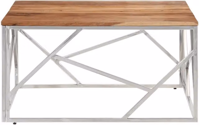 Berkfield Home Modern Square Coffee Table in Silver Stainless Steel and Solid Acacia Wood, W/D/H: 80 x 80 x 40 cm