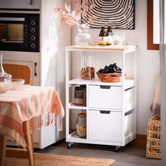 SoBuy Kitchen Storage Trolley with 2 Drawers and 3 Shelves in White
