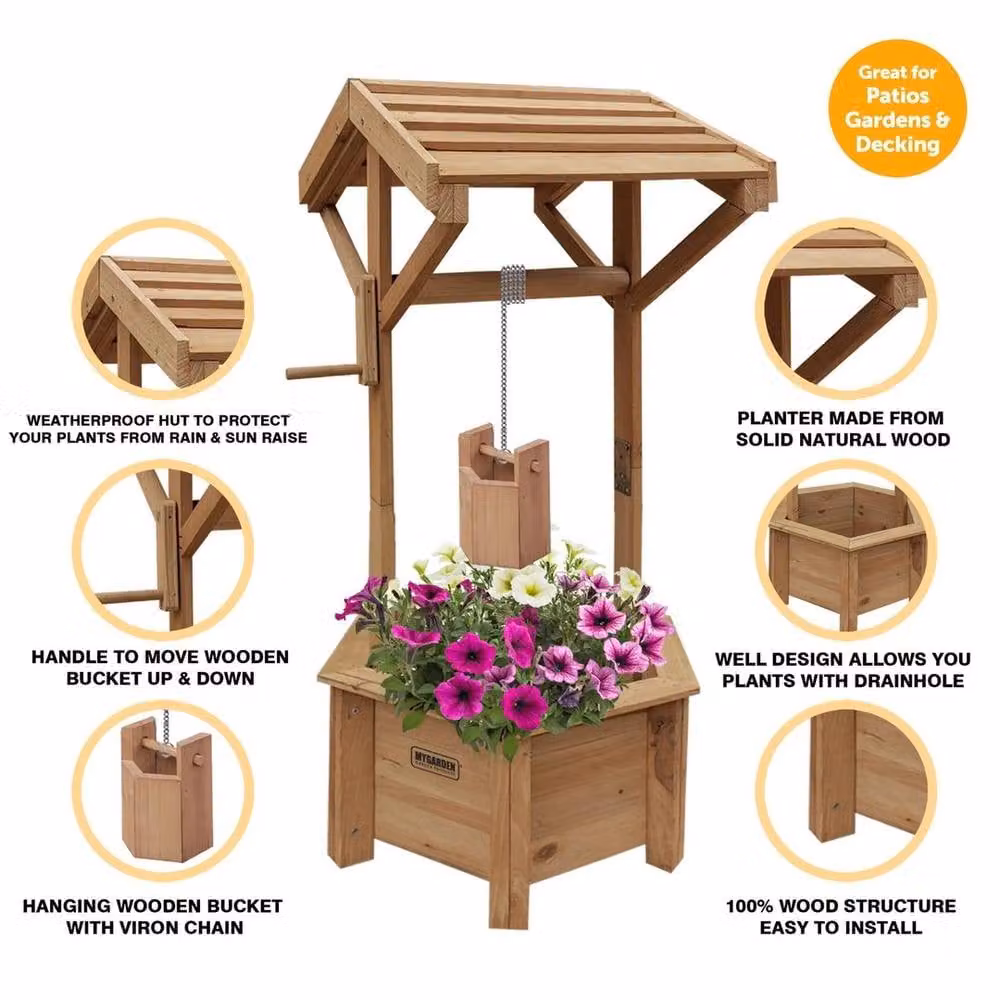 FLAVORA Brown Wooden Wishing Well Planter and Garden Tub – 2