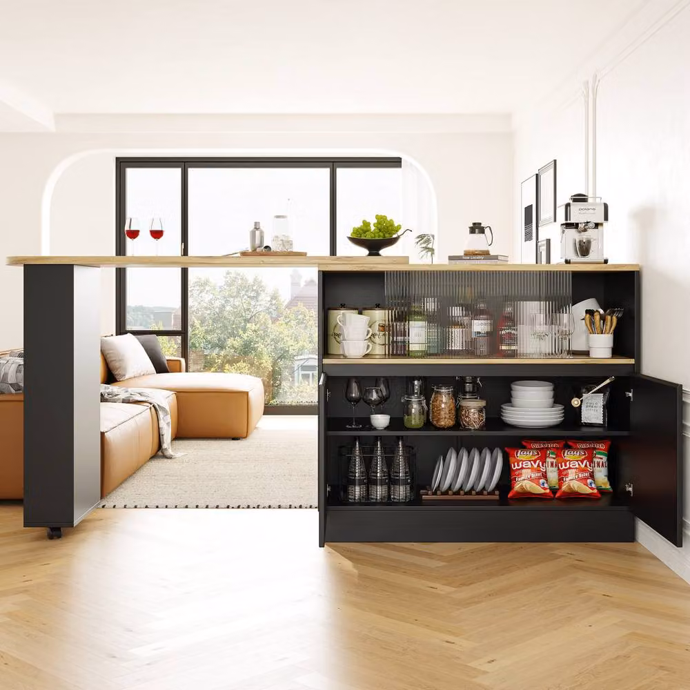 Rolipo Modern Black Dining Bar Cabinet with Glass Doors and 360 Swivelling Castors – 7